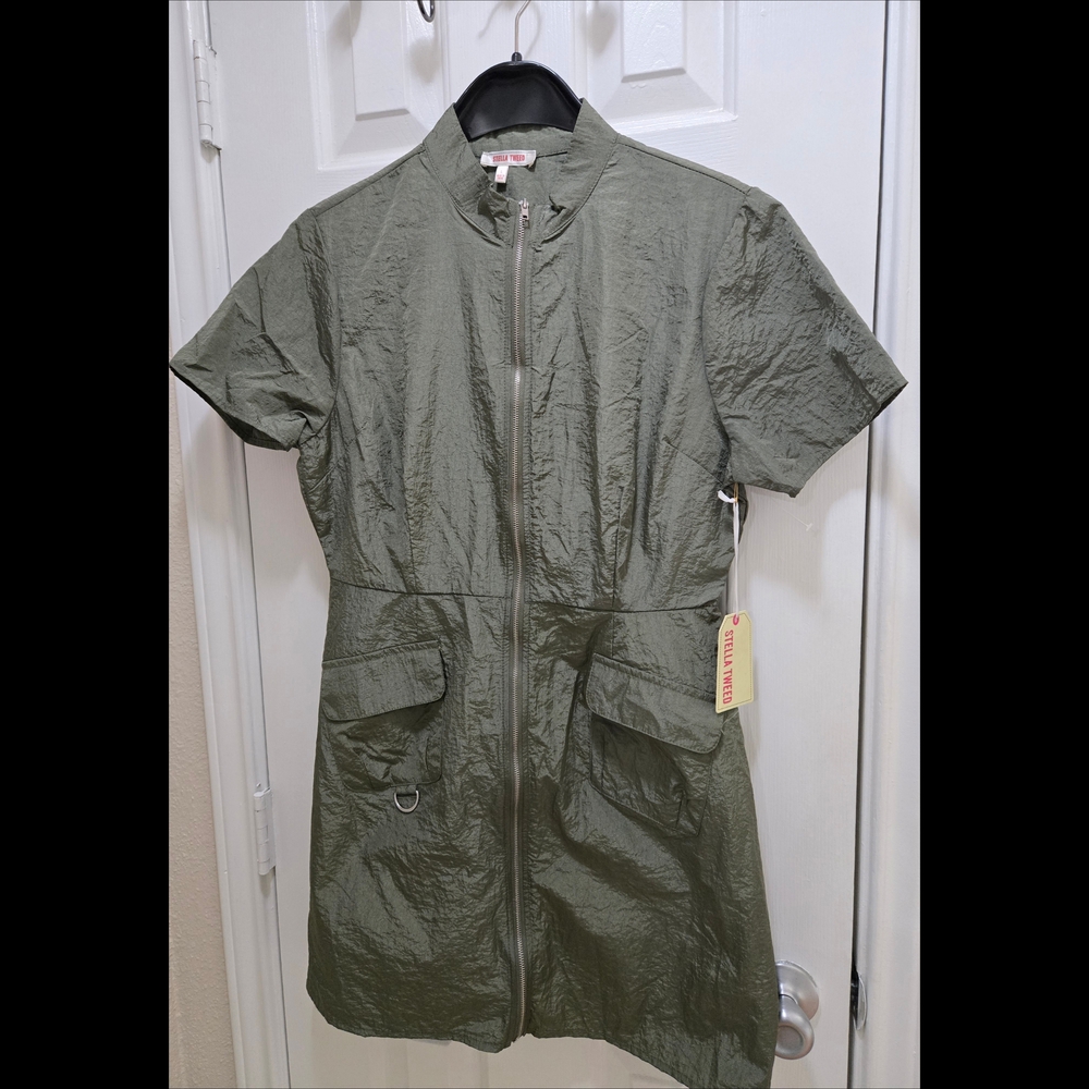 Stella Tweed Olive Zip-Up Dress Juniors Size Large NWOT